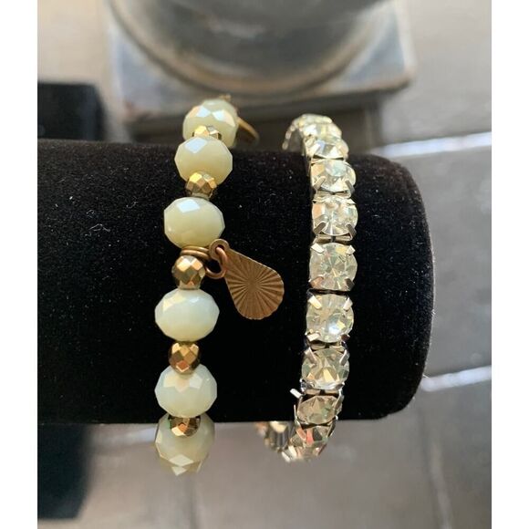 Erimish Beaded Bracelet and Clear Crystal Bracelet SET of 2 Stretch, Stamped - Picture 1 of 5